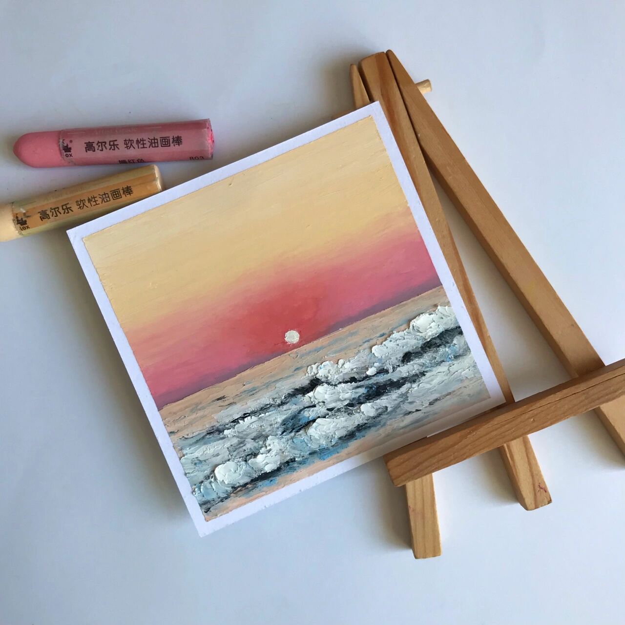 油画棒作品|海边日出93|附步骤色号 就在一次次日升月落里 再爱一次