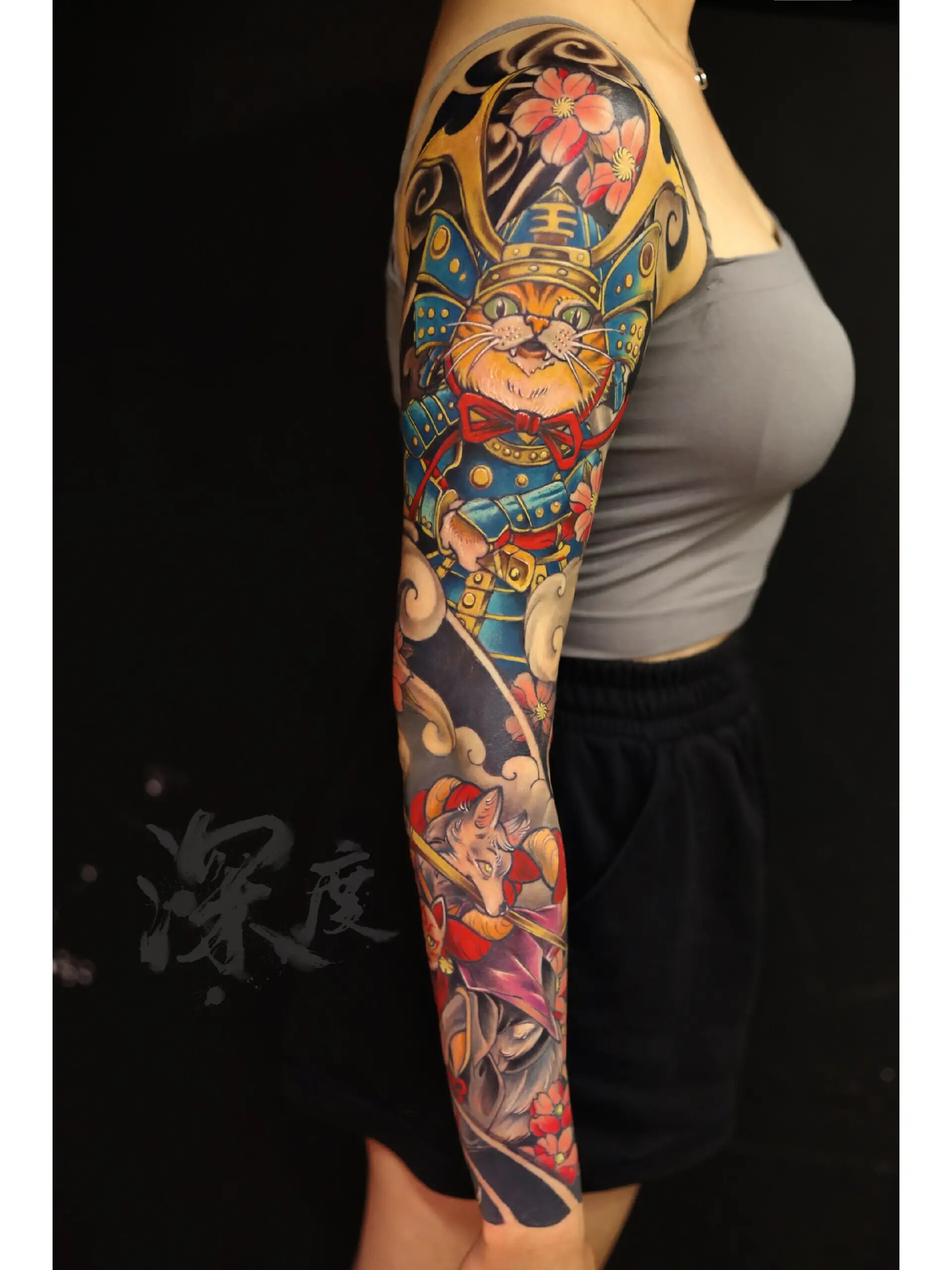 招财猫花臂纹身