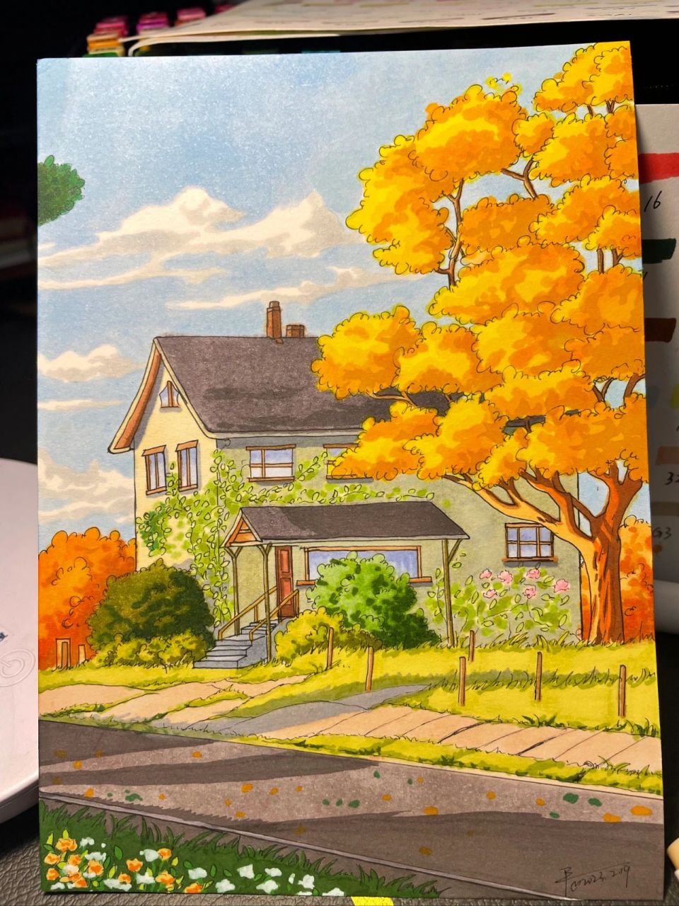 马克笔手绘,风景画 有点秋天感觉的风景画,小治愈一下