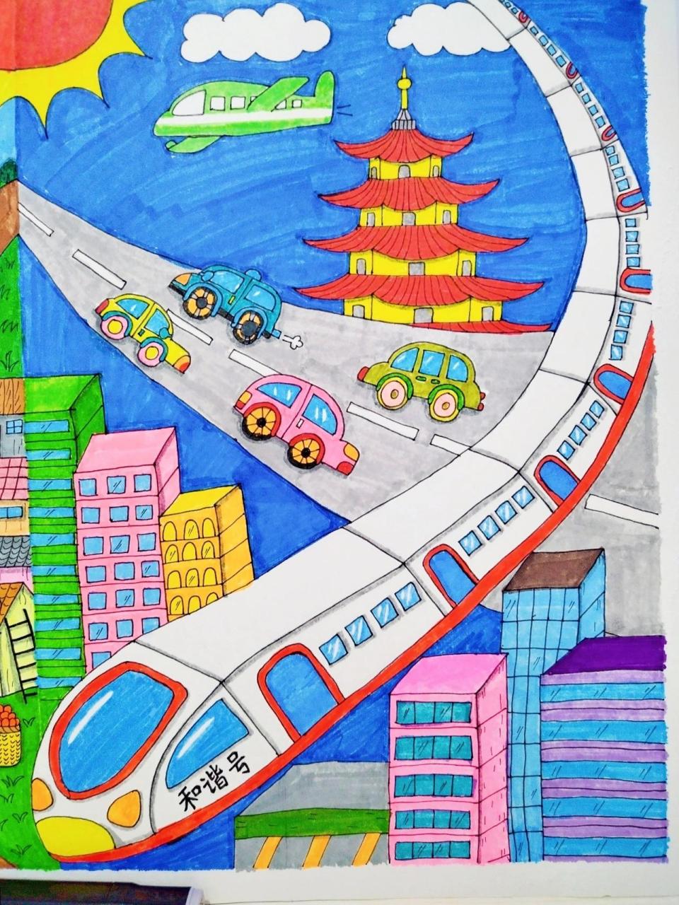 幼儿园绘画作业《家乡的变化》 美丽的家乡 左边,农田菜地矮房子小路