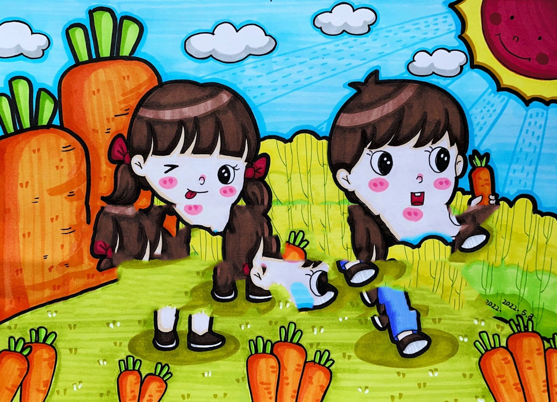 马克笔儿童画卡通画简笔画主题画拔萝卜 幼师考编主题画 可适用其他