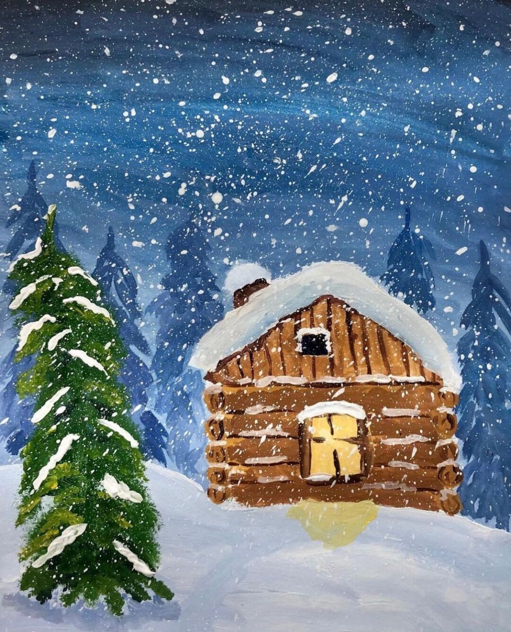 中班大班小朋友的水粉画作品冬天的雪房子 圣诞节主题水粉画:冬天的