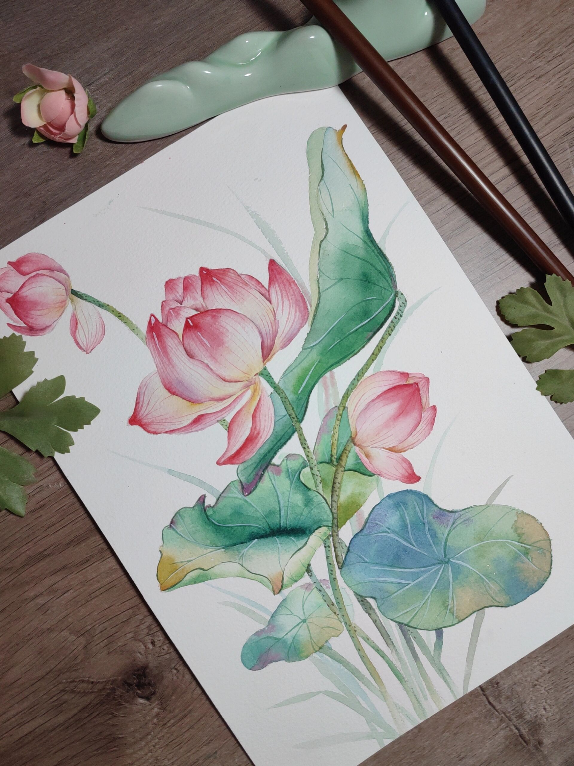 古风荷花‖内附详细步骤和线稿 纸:宝虹中粗水彩纸 笔:秋宏斋 颜料