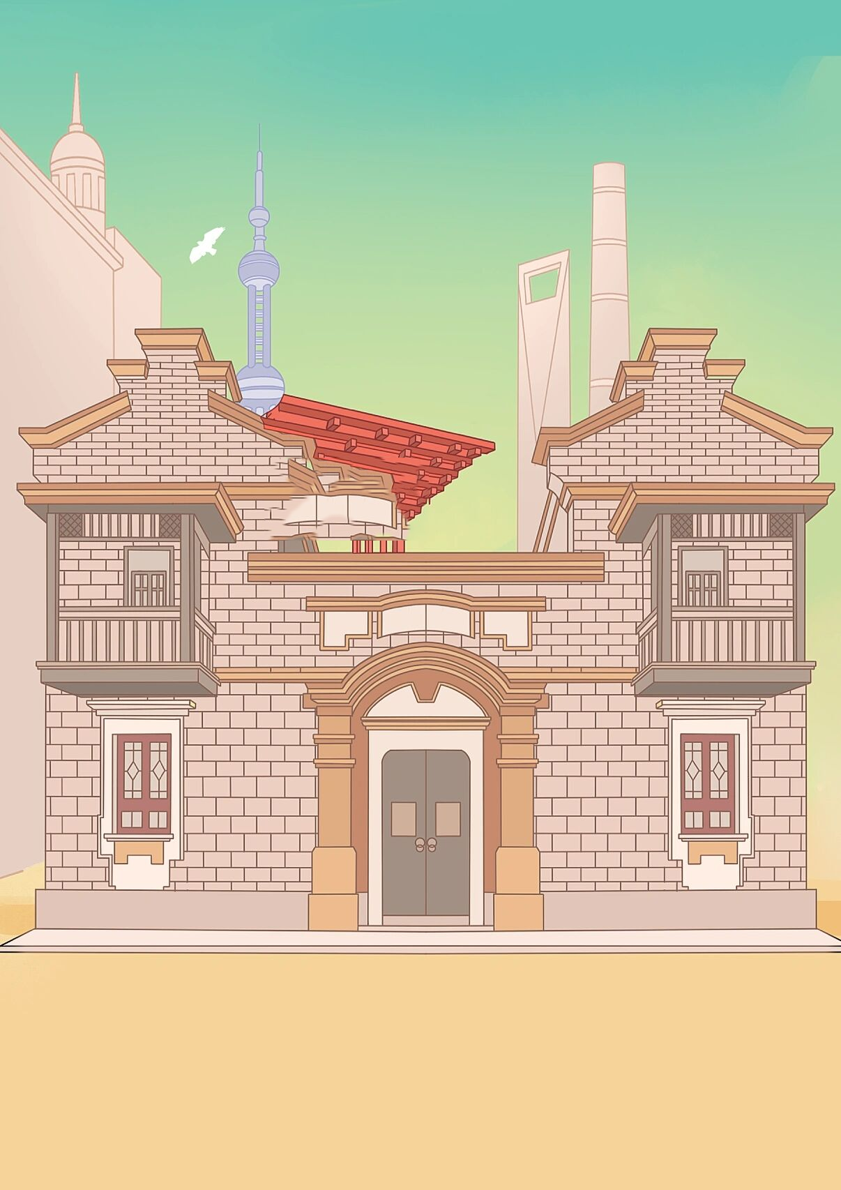 国潮建筑插画|城市海报|上海石库门插画步骤 今天画的建筑插画是上海