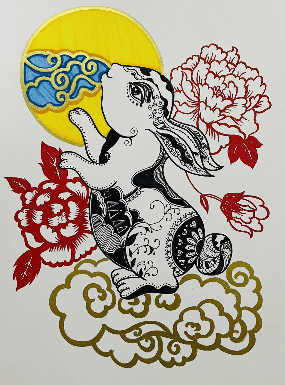 兔年年画～玉兔送福       黑白线描77手绘版剪纸77金色油漆笔