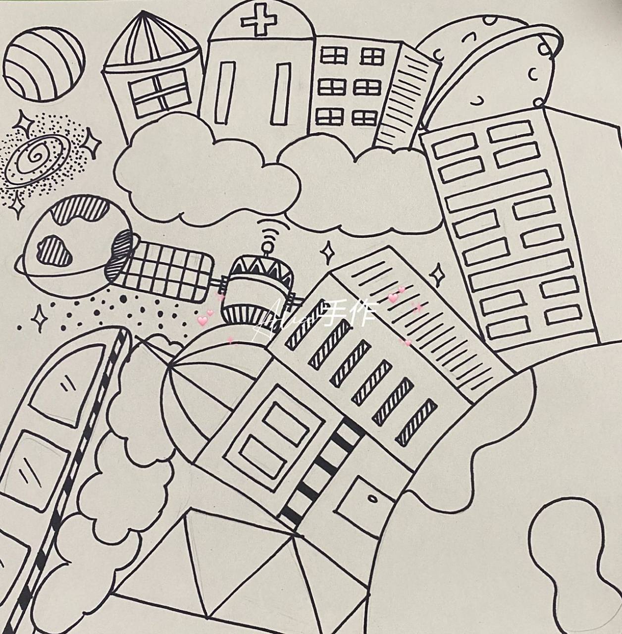 绘画篇之科技太空城市(附线稿) 太空城市 线稿加涂色 半临摹 如有侵犯