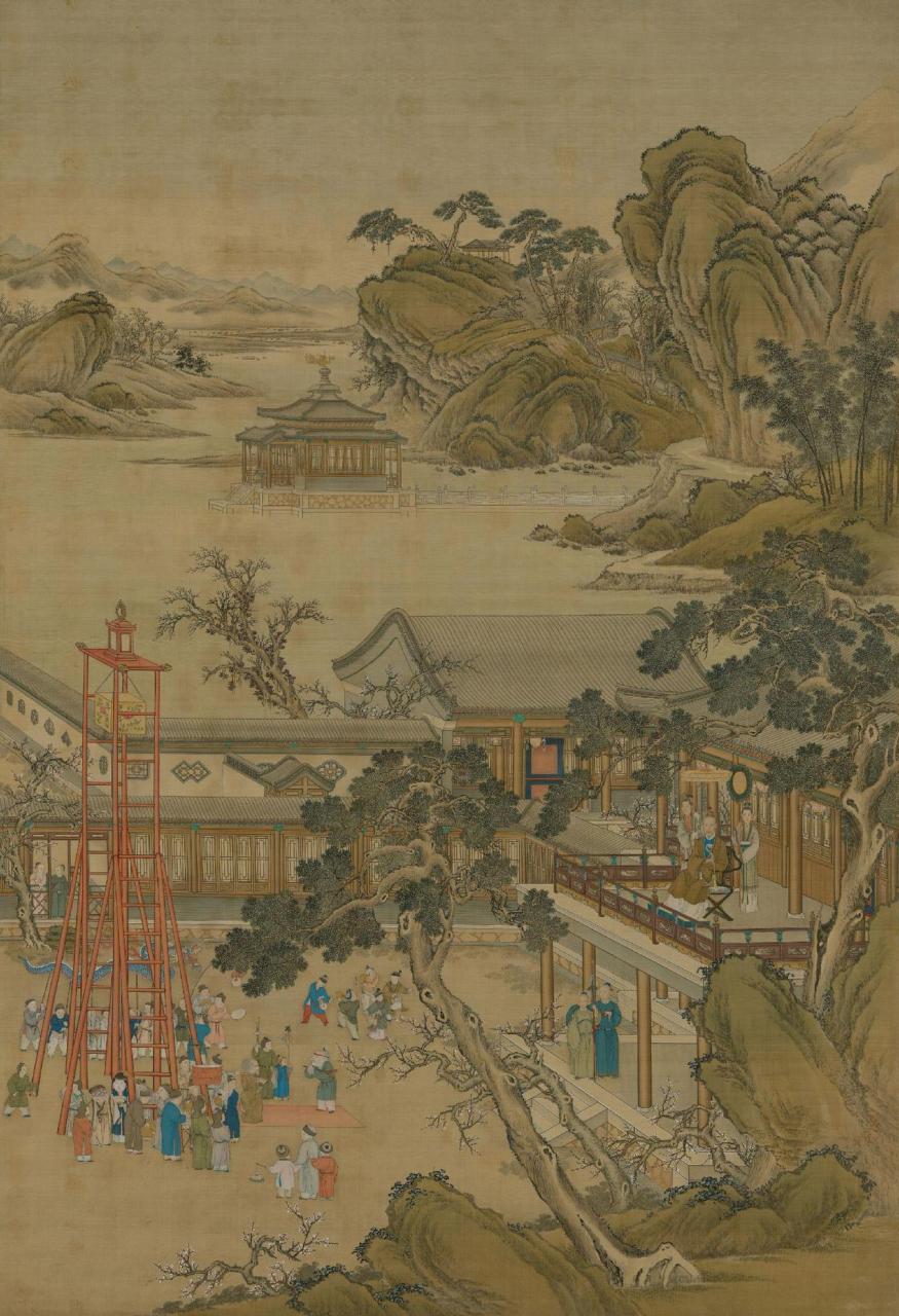 《乾隆帝元宵行乐图》是清代郎世宁创作的绢本设色画.