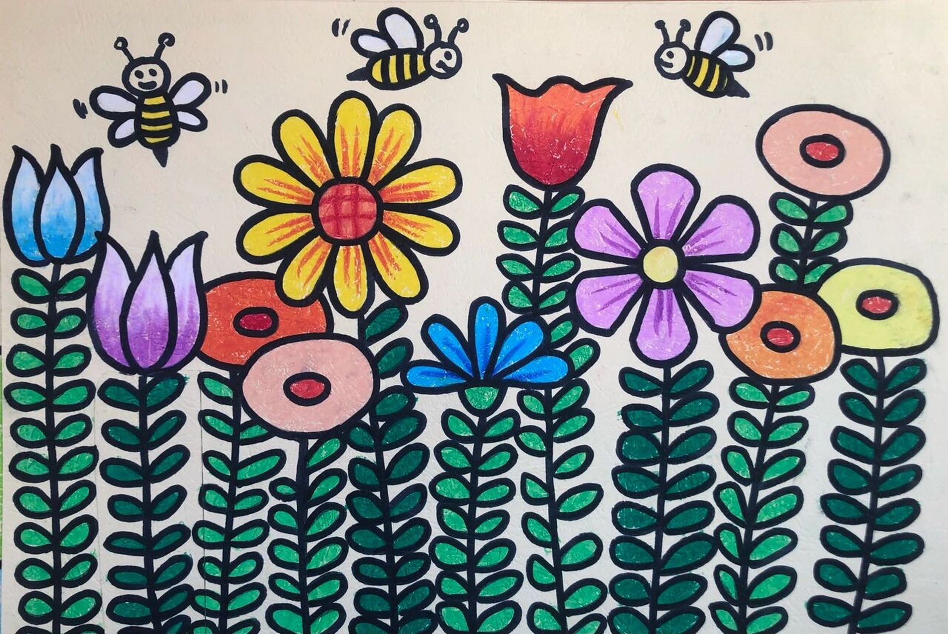 美丽的花园-油画棒简笔画 幼儿园大班,油画棒简笔画,美丽的花园,花朵