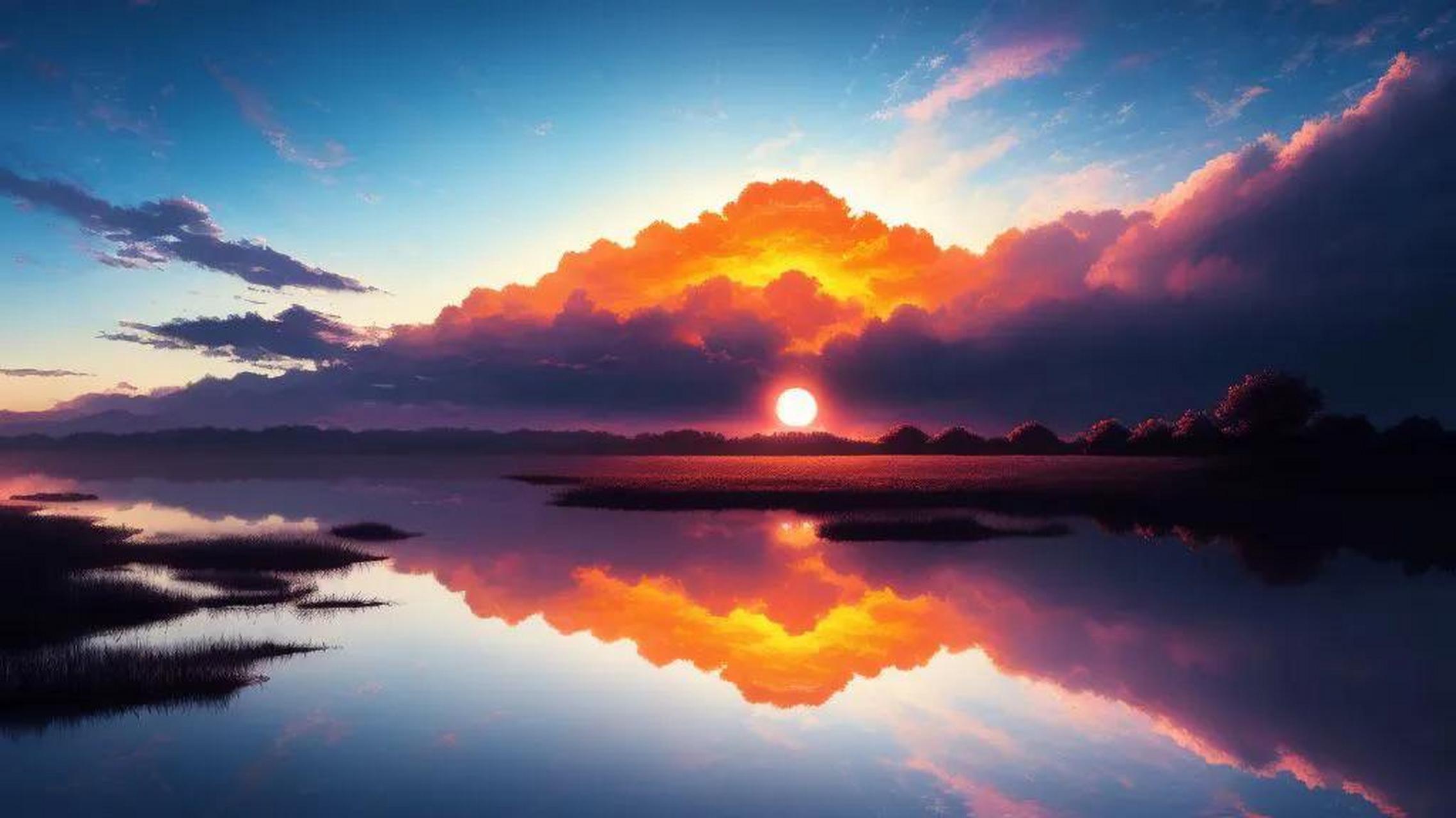 太阳渐渐升起,光芒洒在山间,树木,草丛,岩石,河流等景物都被照亮,展现