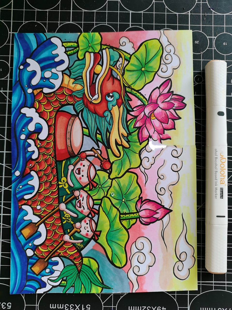 儿童画|《端午赛龙舟》|马克笔过程|附线稿 端午节儿童画来喽,需要的