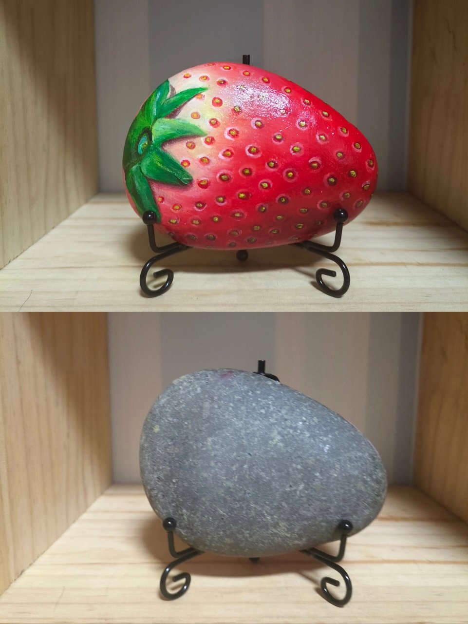 石头画草莓 普通的一块石头,舍不得丢,那就给它画个妆吧!