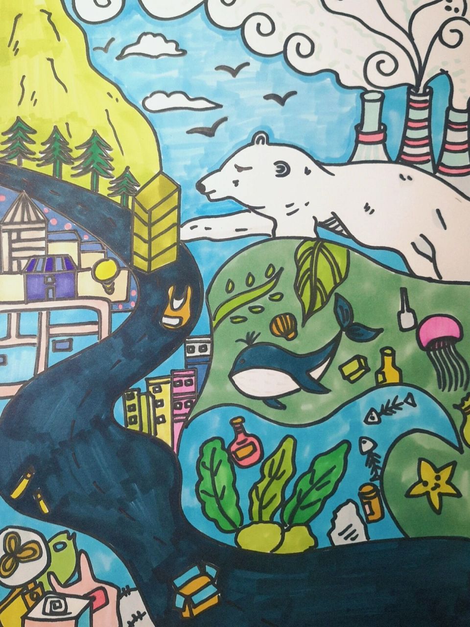 儿童画 生态环保主题画 今天带学生创作的主题作品 需要参赛用