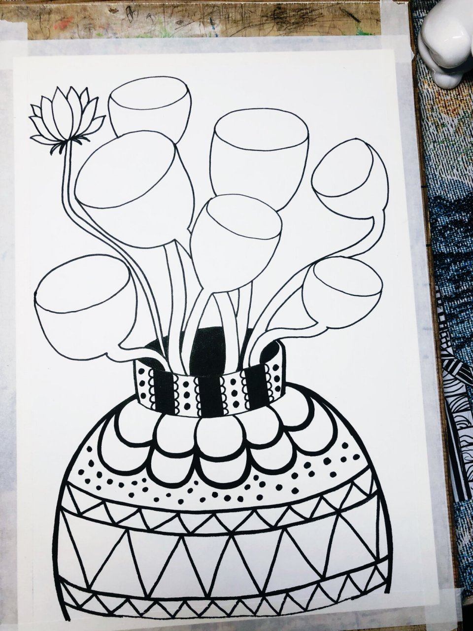 线描画《莲蓬》 儿童线描画 黑白线描画 黑白装饰画 创意儿童画 适合