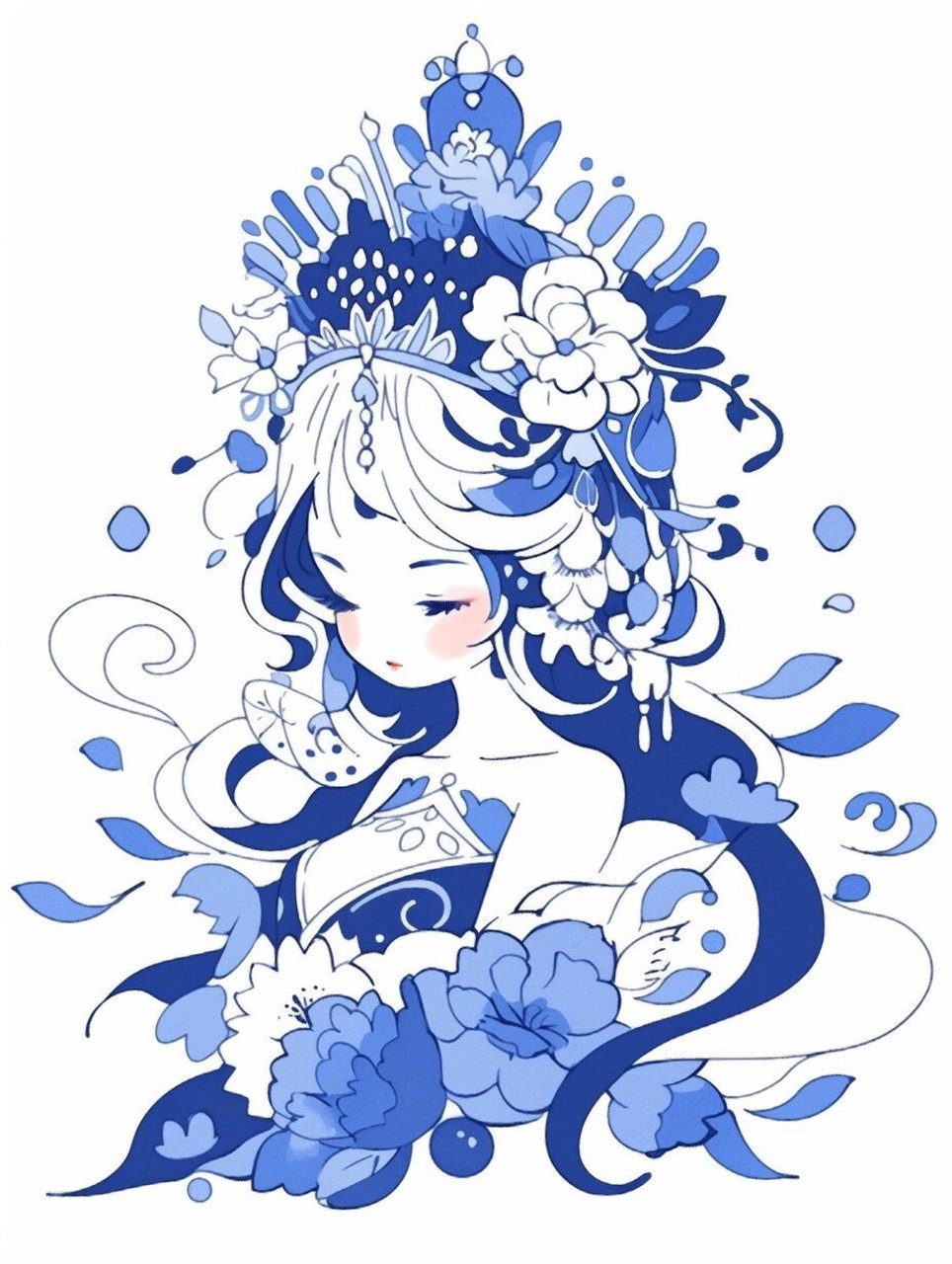 q版古风美人·青花瓷风简笔画  夏日滤镜