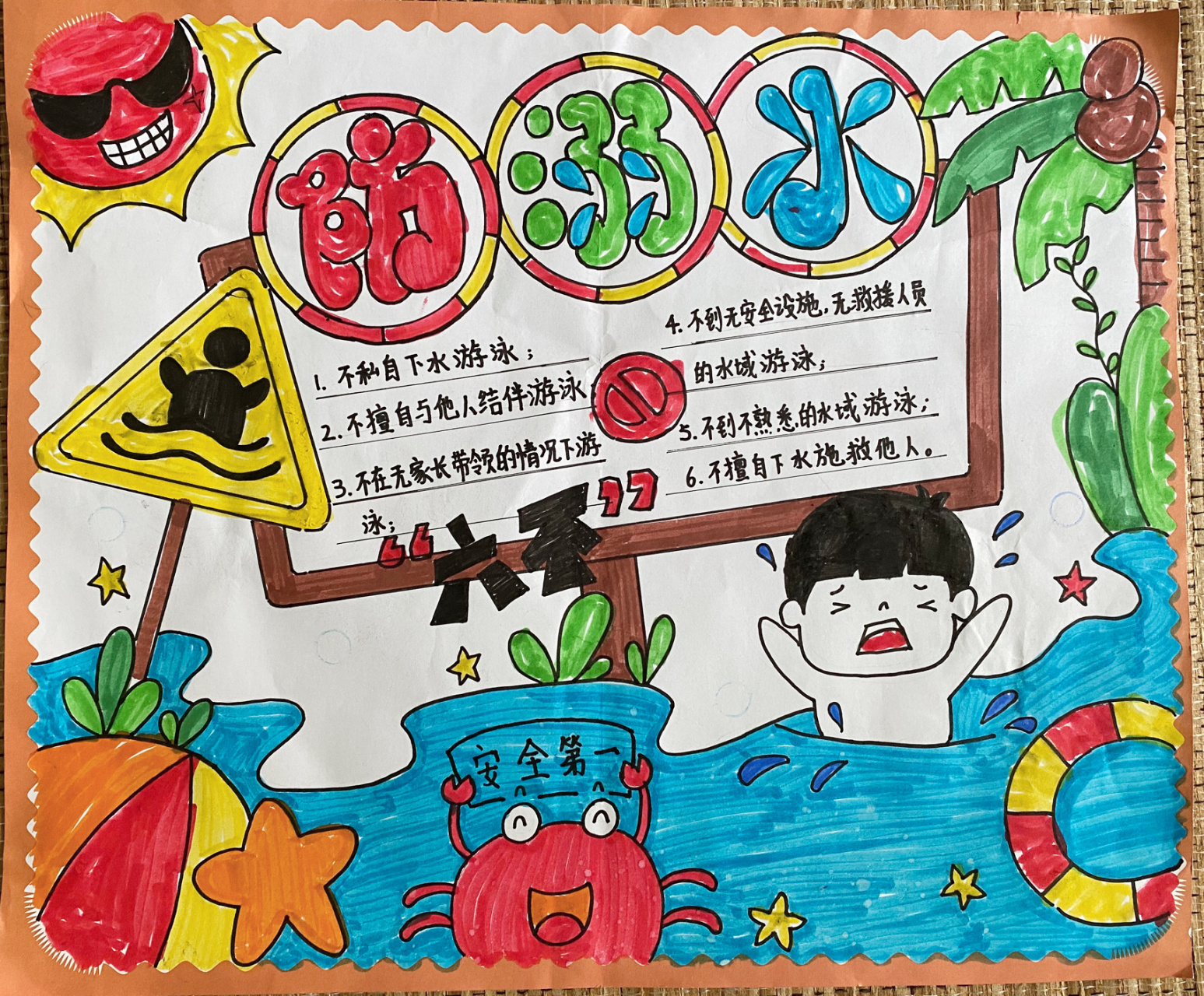 亲子手工画-防溺水手抄报 周天,跟宝贝七合力完成了幼儿园作业