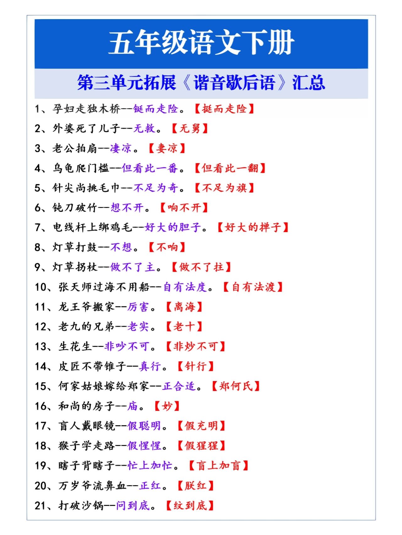 五年级语文下册第三单元拓展《谐音歇后语