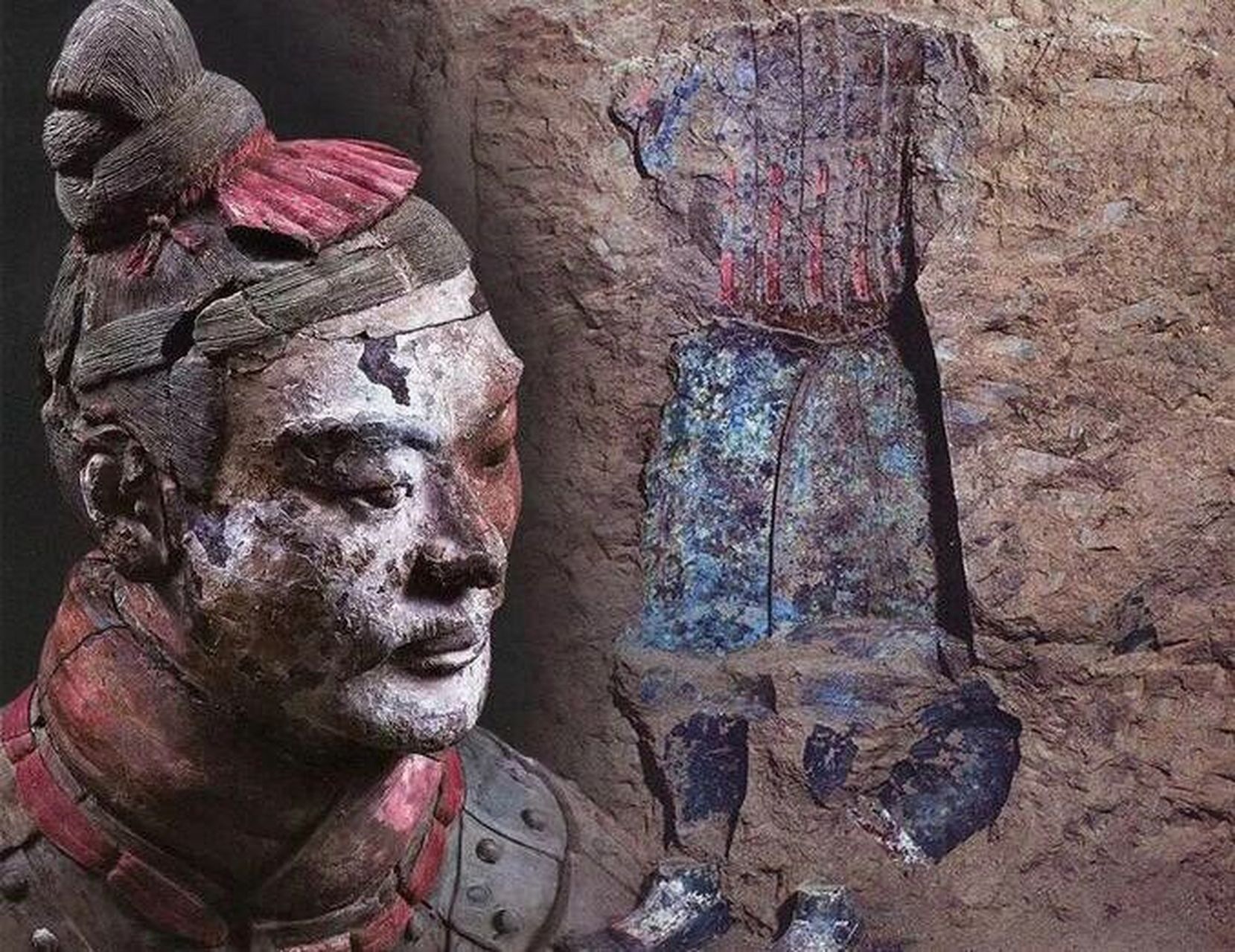 彩色兵马俑 | 兵马俑出土前五分钟的样子       兵马俑刚出土的样子