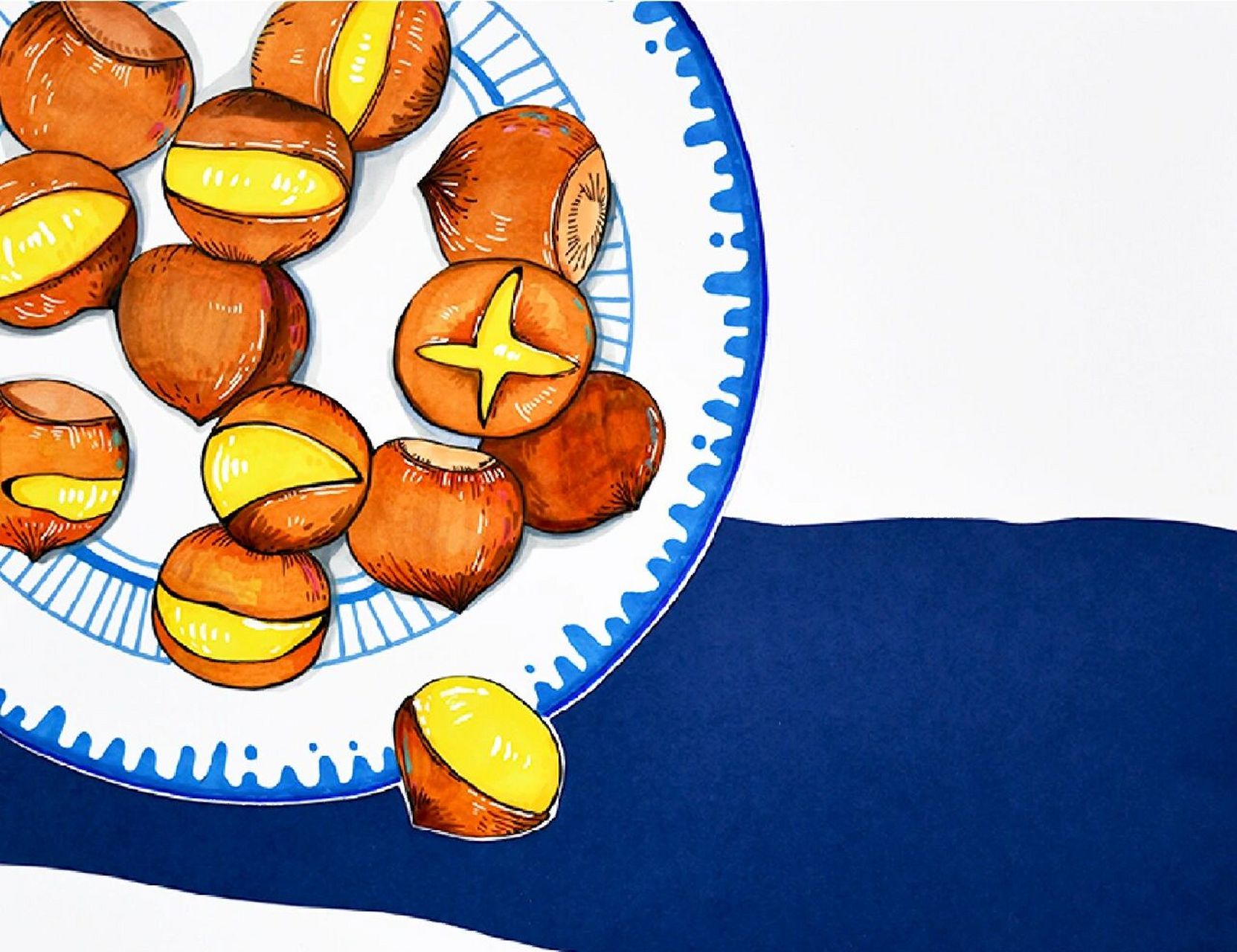 儿童画教程|秋吃炒板栗 【教学重难点】  准备糖炒板栗的实物,引导