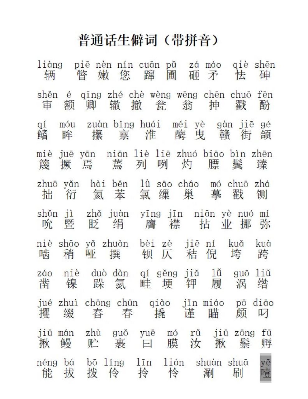 普通话96生僻字带拼音