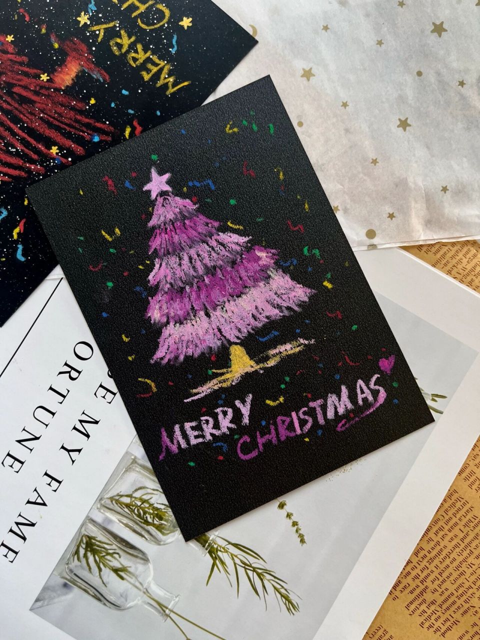 油画棒课程 黑卡纸圣诞树9078 用黑卡纸画了一组简笔画圣诞树90