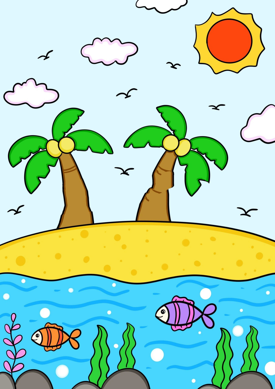 夏季儿童画合集 海边西瓜沙滩儿童画主题画 夏天的儿童创意画