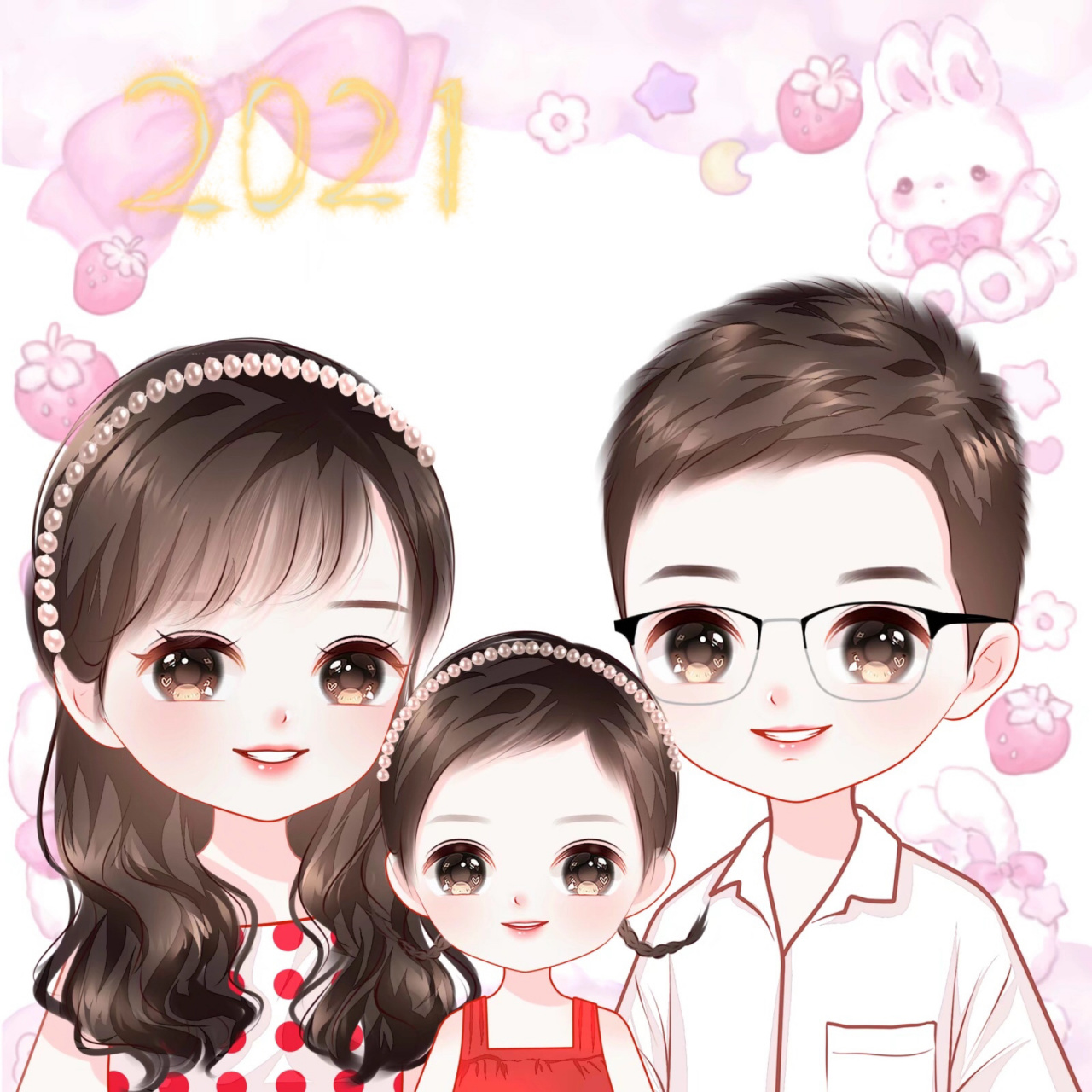 今天分享9幅2021年一家三口,一家四口全家福手绘头像,希望大家能够