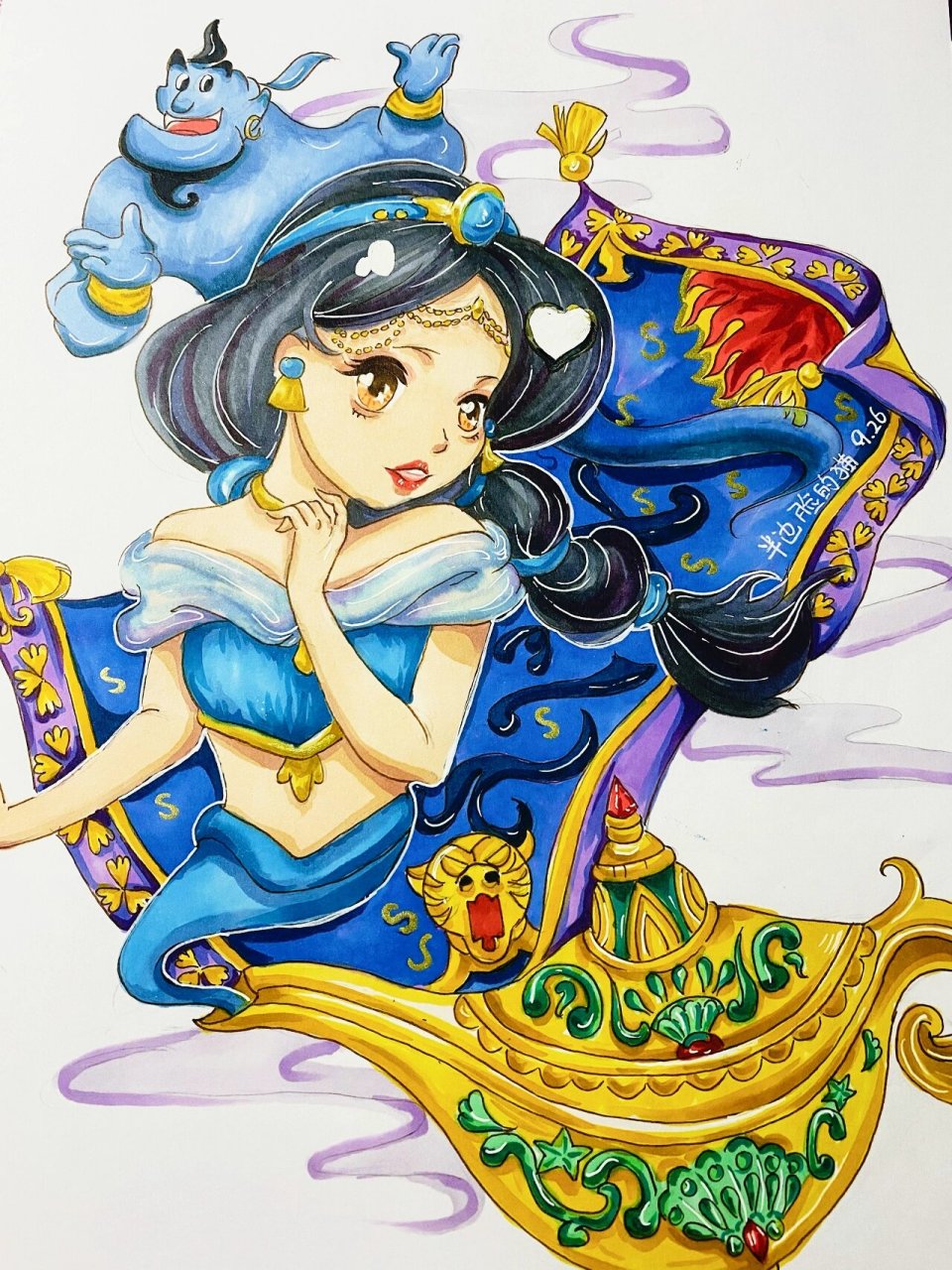 迪斯尼茉莉公主 马克笔手绘原创插画 生病了手都会抖画的时候颜色也有