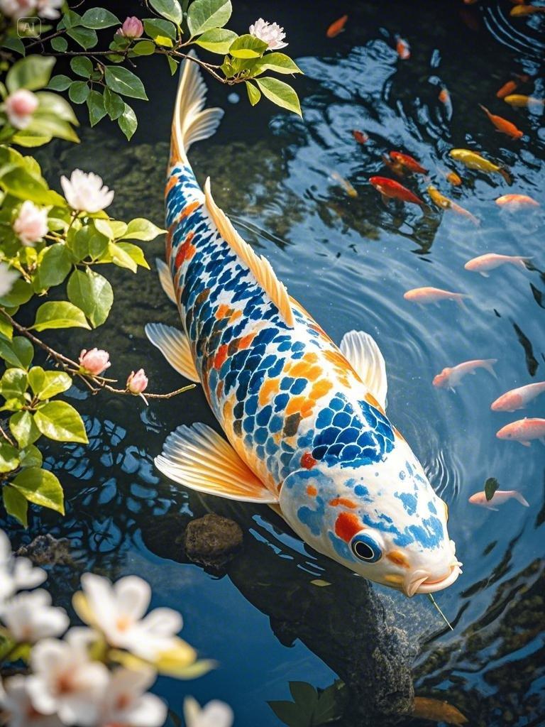一条锦鲤鱼,,身上饰有青花花卉图案,酷似清代瓷器,写实,极其细致,在水