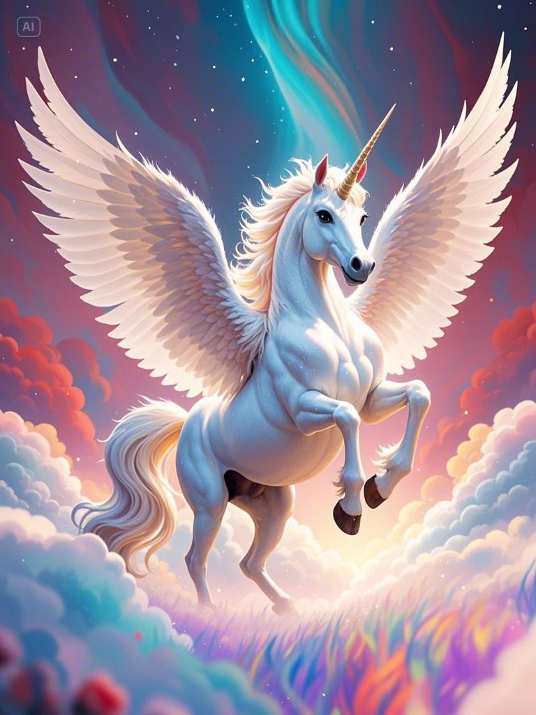 一只独角兽,巨大的翅膀,神气的表情,威武霸气,多巴胺色,超现实主义