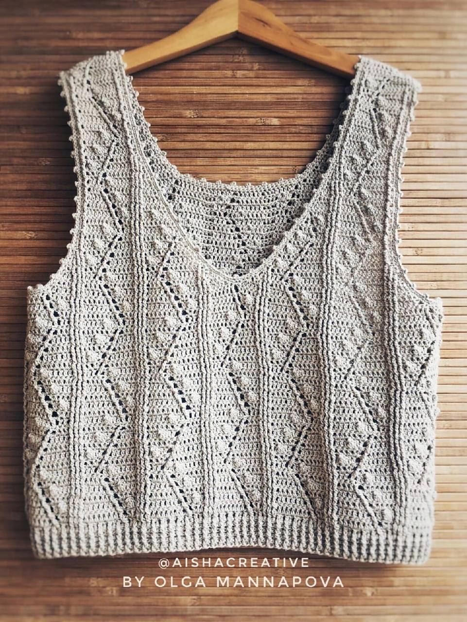 钩针花样夏日亚麻背心‖附图解 灰色亚麻珍珠线 钩针2.