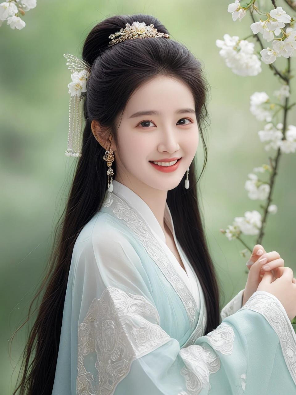 一位淡雅如菊的少女,身着淡蓝色的古装,宛若古代诗篇中走出的韵律.