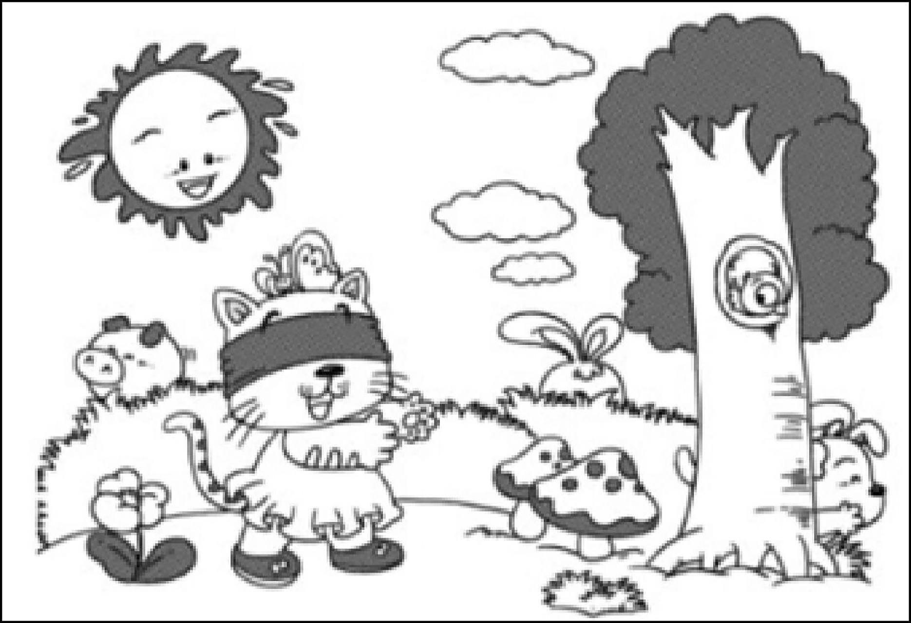 二年级看图写话:捉迷藏 一天早上,小动物们开开心心地来到森林公园里