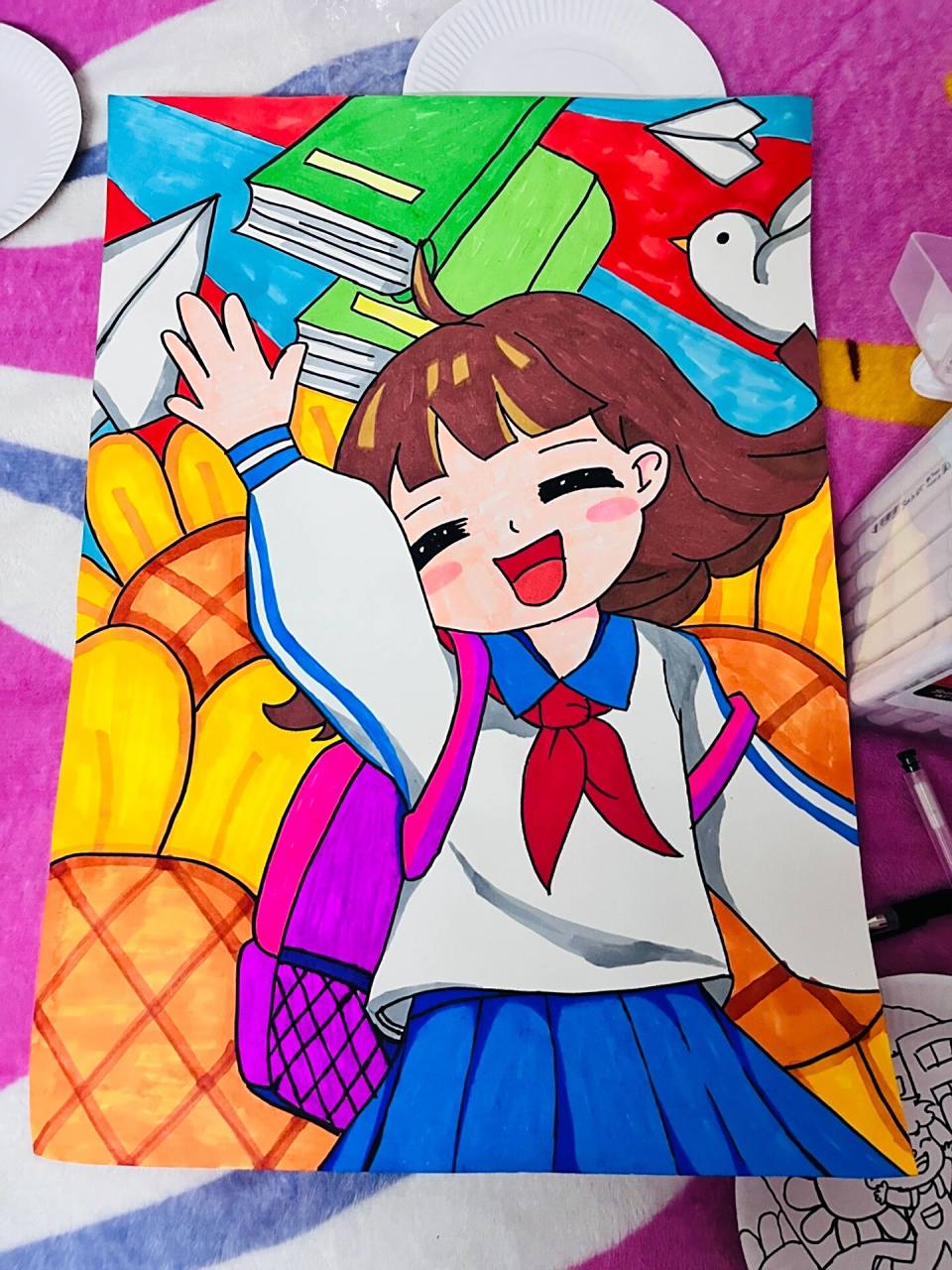 积极向上主题的儿童画(附线稿) 积极向上,在阳光下成长,双减下的我们