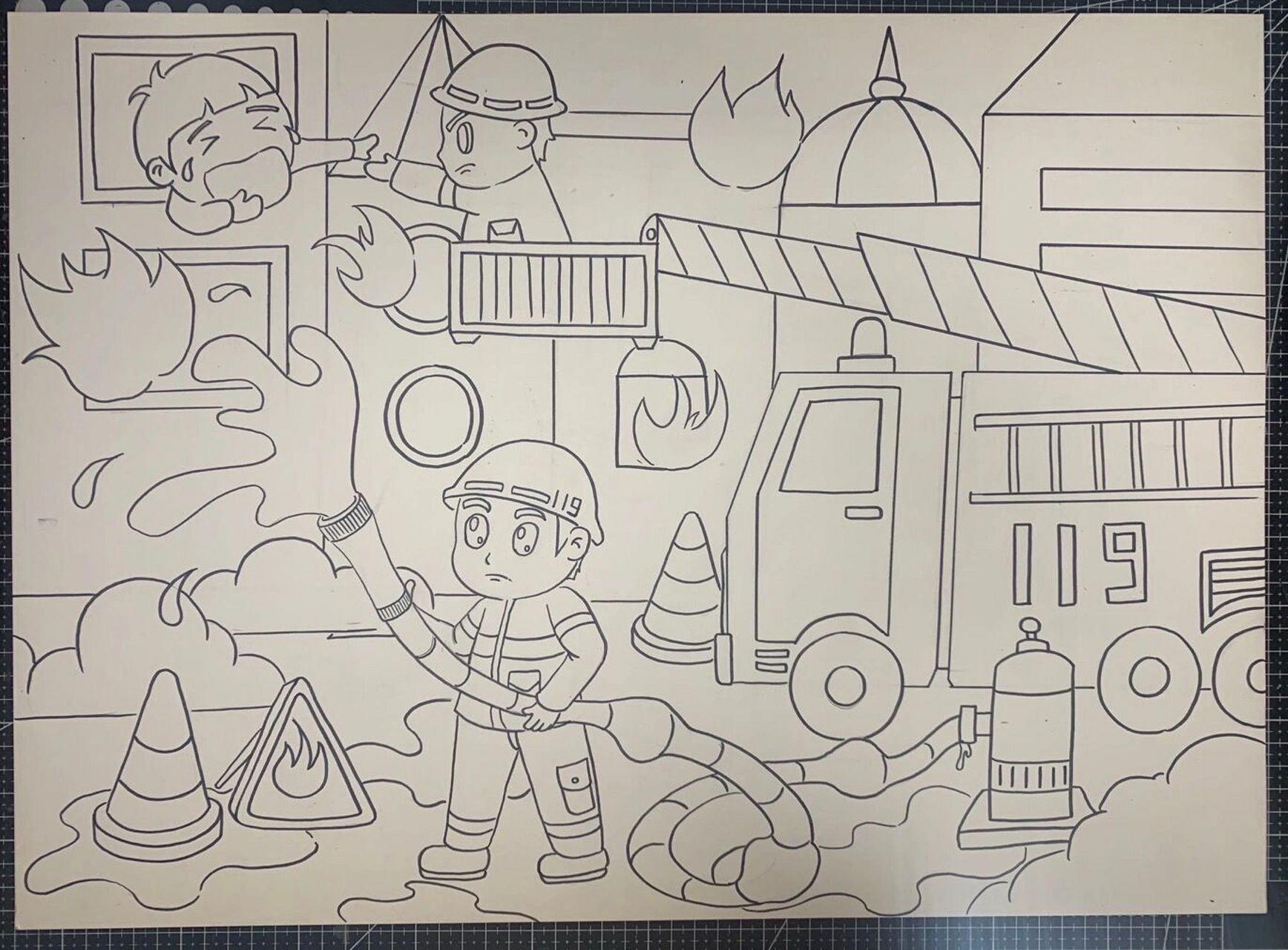 消防绘画119小小消防员主题画     画笔使用1快勾线笔 马克笔使用斯
