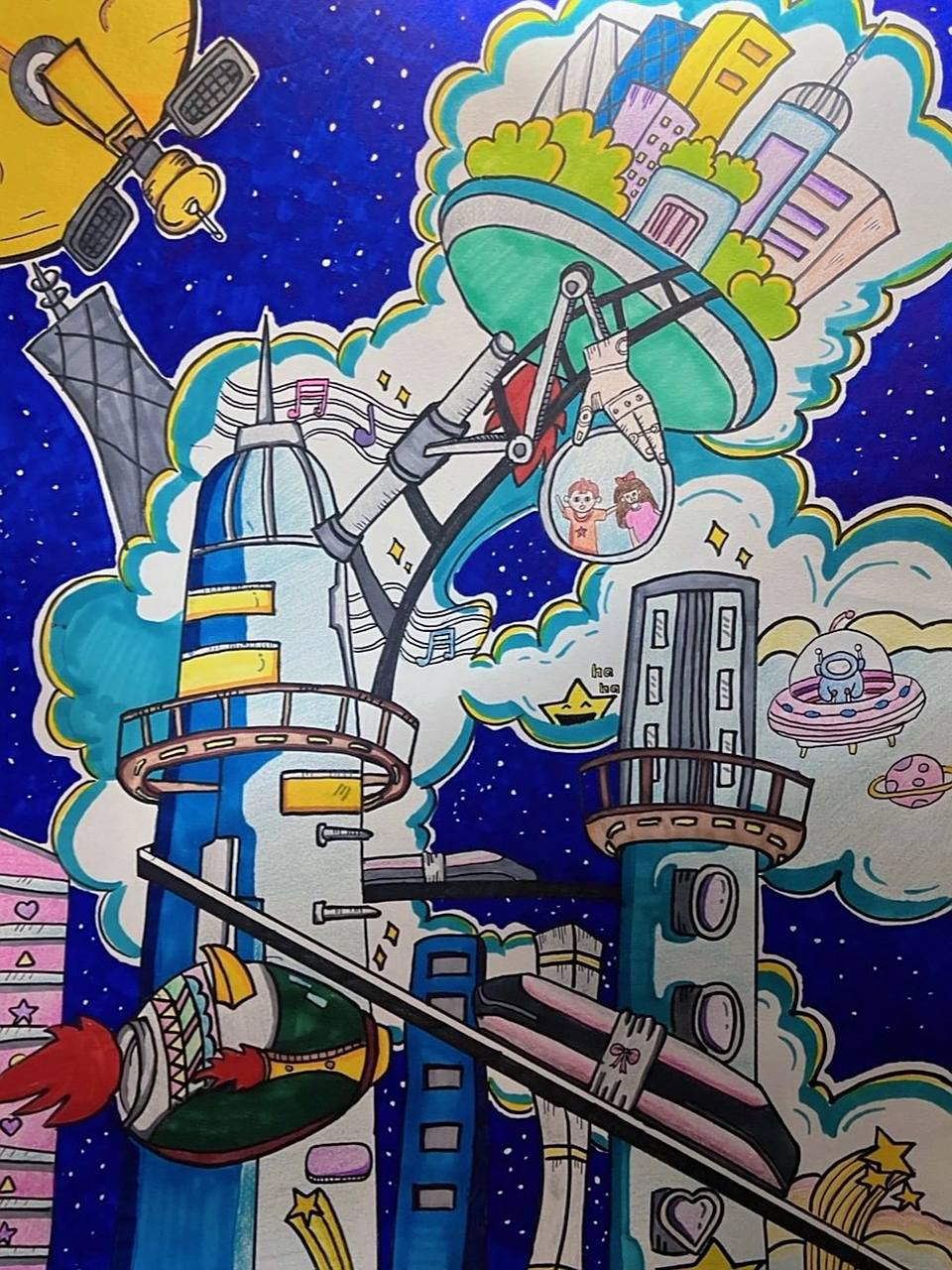 手绘未来世界主题儿童画040404 4开少儿美术绘画作品 欢迎临摹