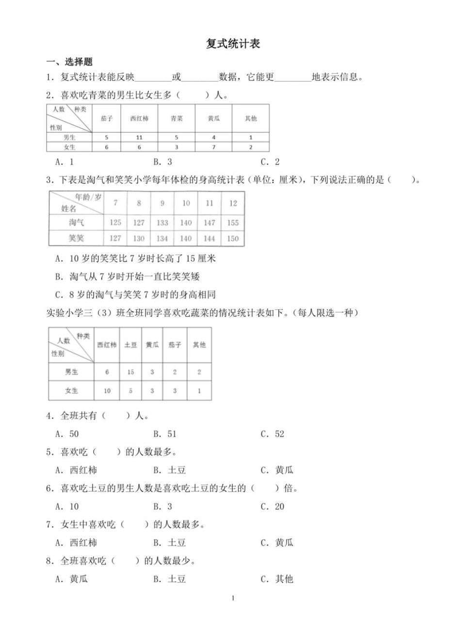 三下数学单元三(复式统计表) 人教版三下数学第三单元———复式统计