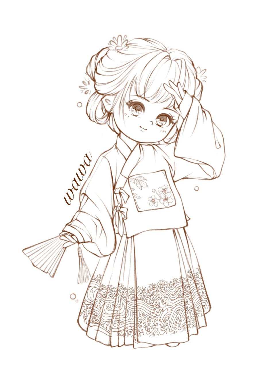 q版古风汉服线描动态练习38 # 图源