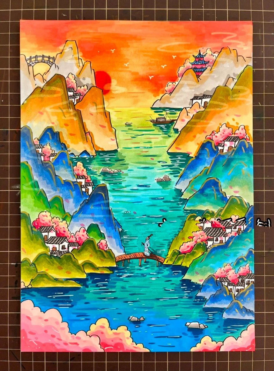 大美河山绘画图片