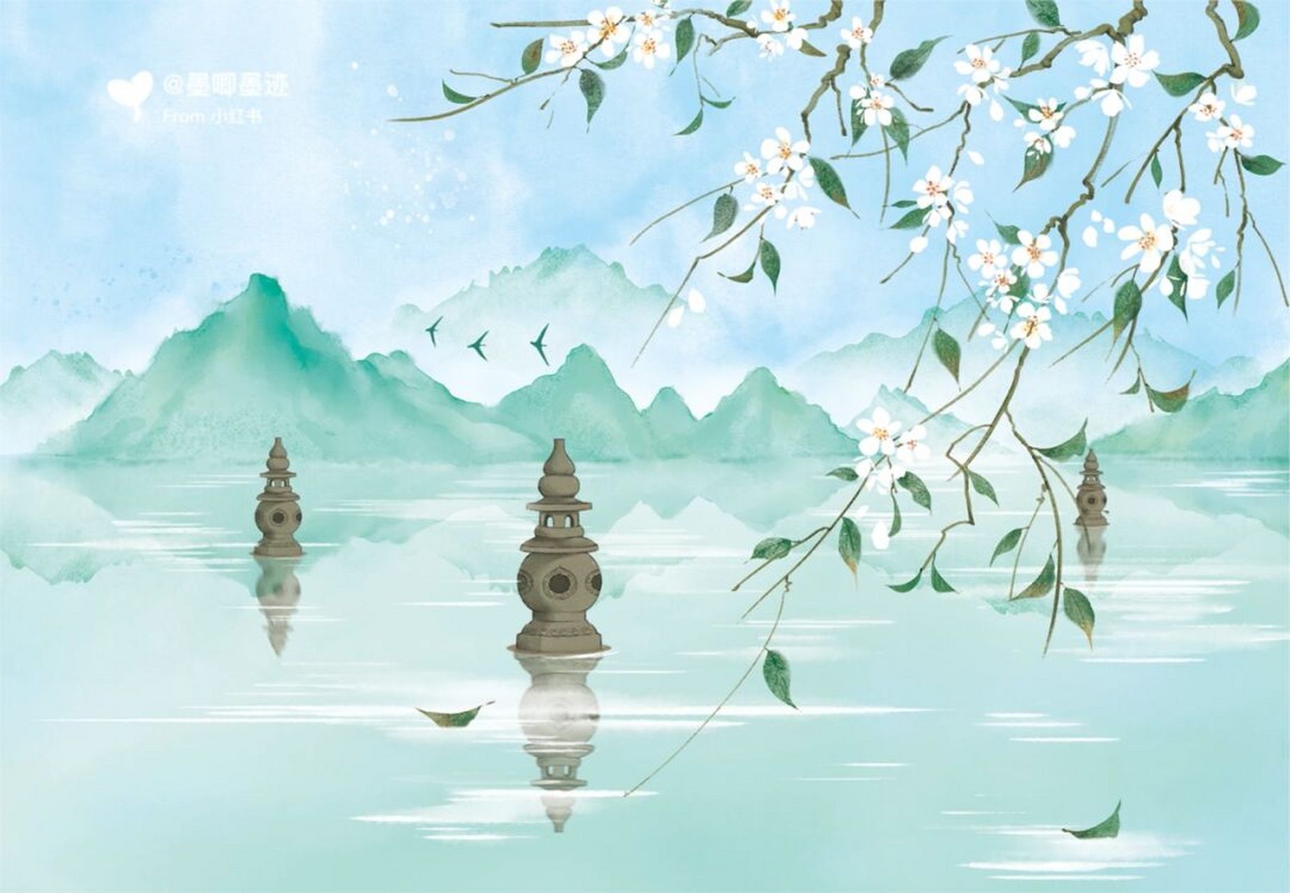 古风插画,西湖三潭印月 第一次尝试类似水彩质感的,感觉还不错
