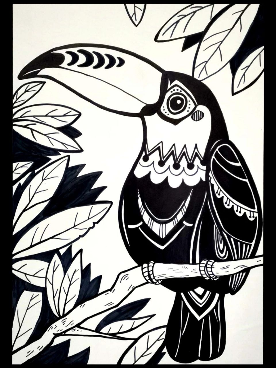 黑白装饰画/大嘴鸟 大嘴鸟,巨嘴鸟,都是它～ 在勾线时发现线稿有不好