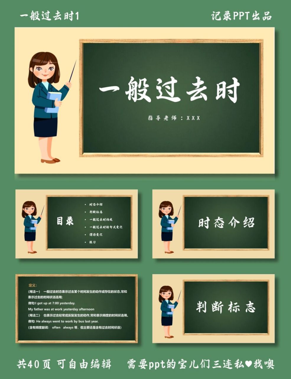 一般过去时 讲解 一般过去时1 ppt模板 目录包括 ①时态介绍 ②判断