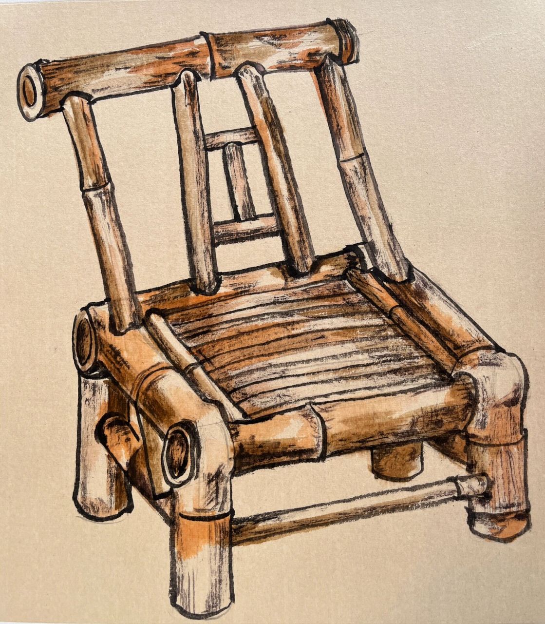 左滑看绘画步骤98|水墨国画竹椅教案教程 95课题:水墨写生竹椅