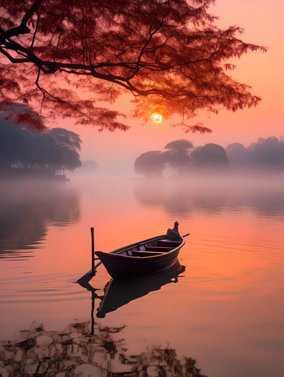 小船飘荡湖面宽,夕阳西下暖光残.