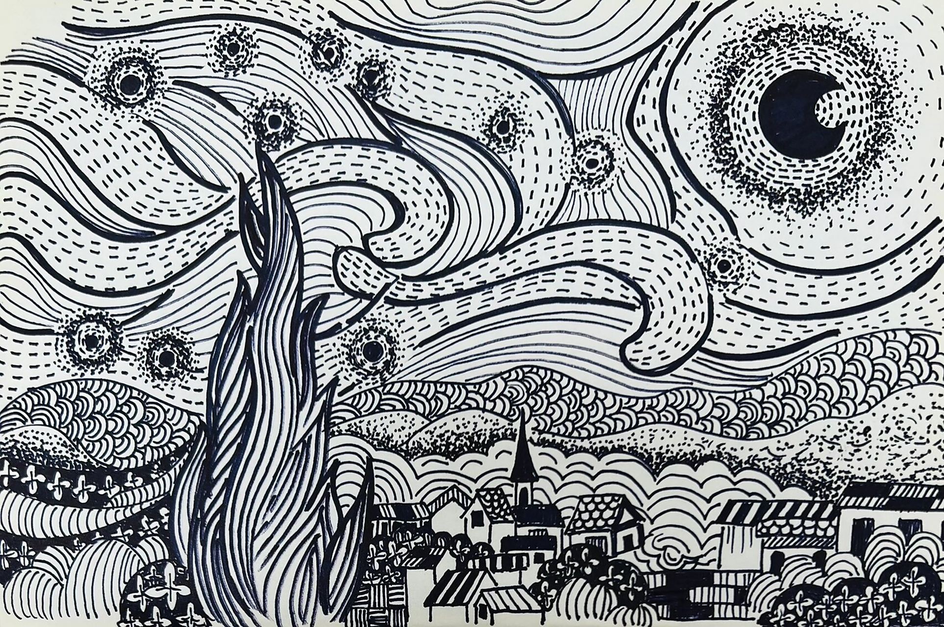 画画人眼中的白月光yysd的梵高 线描画星空91画起来,把累计的点线面