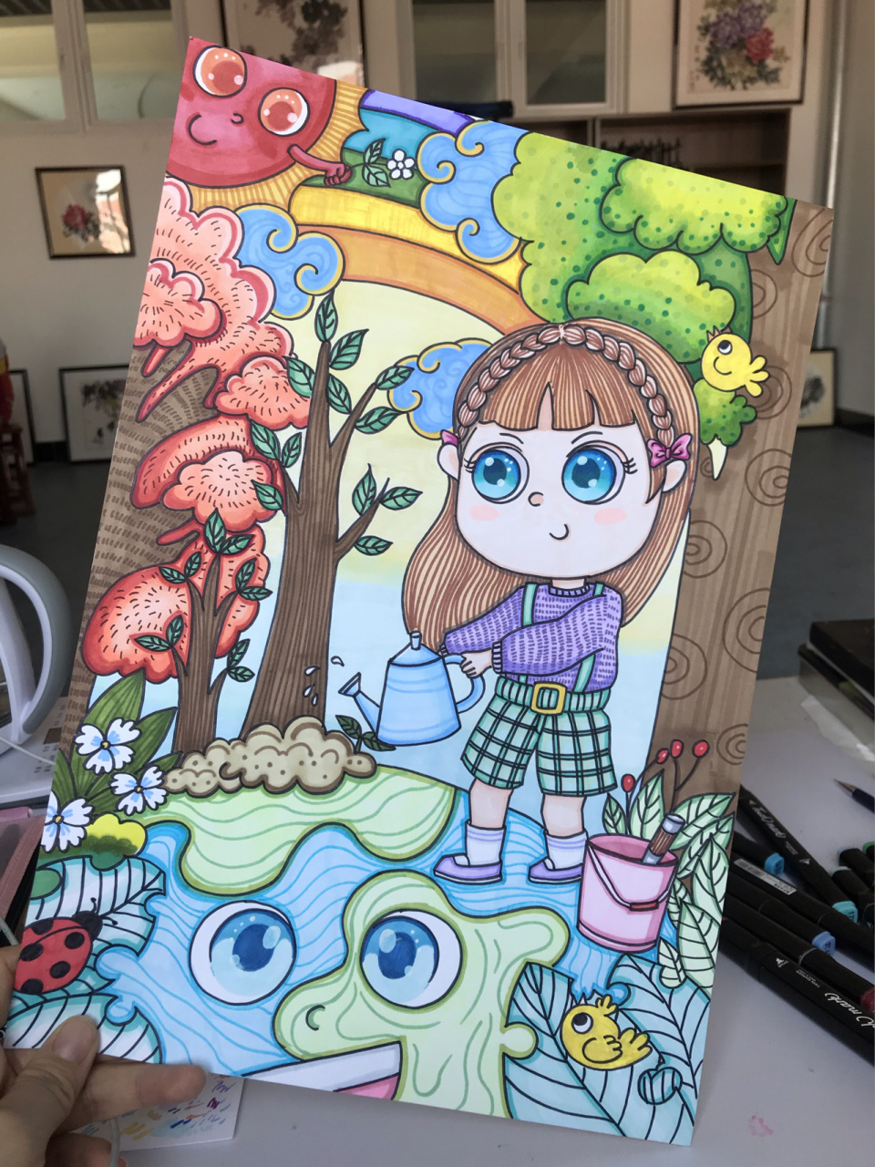 马克笔手绘儿童画女孩植树动漫人物 临绘柏精灵的,收了好久没有动笔