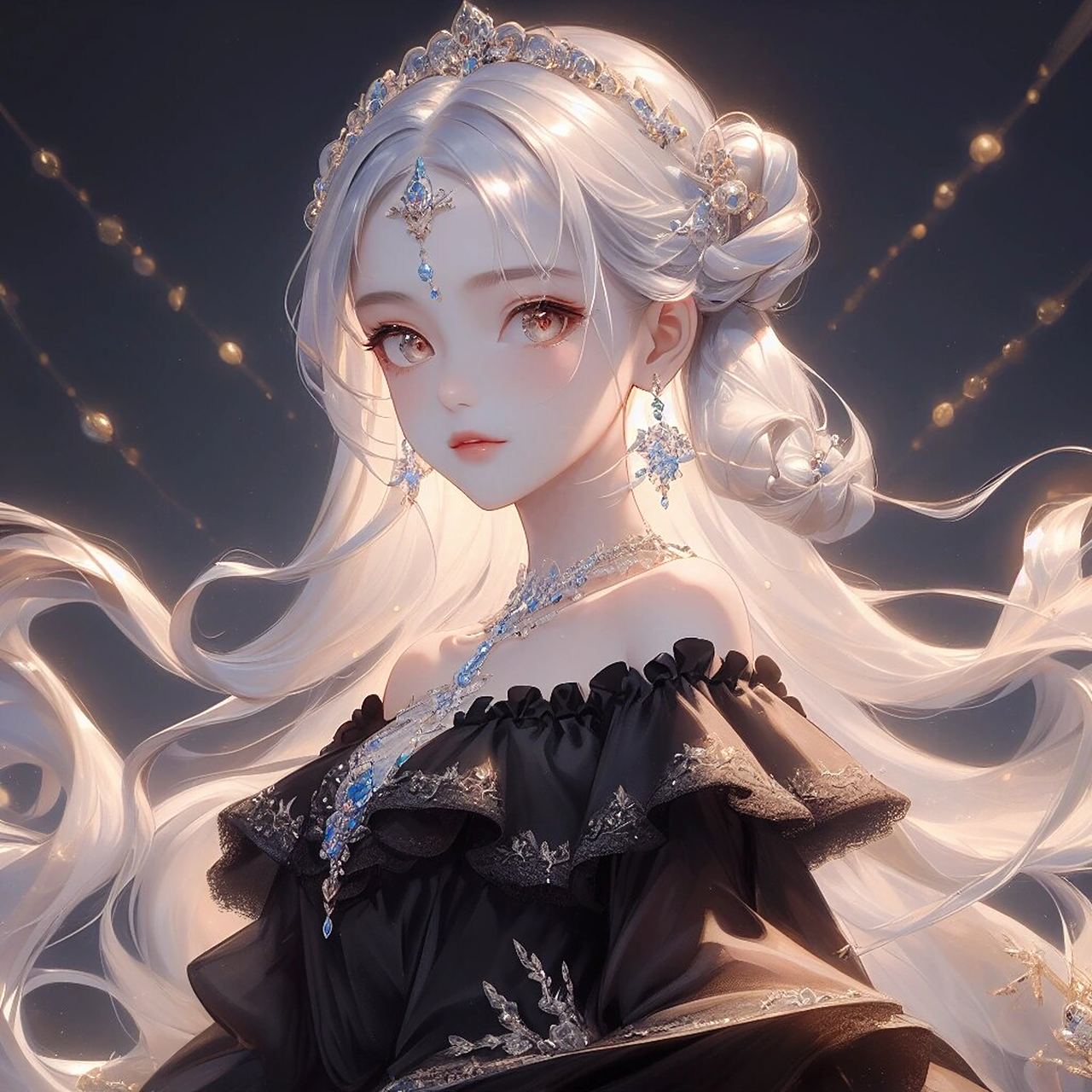 动漫头像|白发黑裙美少女 唯美光晕 上半身