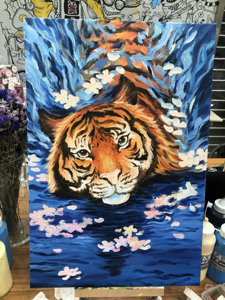 绘画步骤|老虎 材料:油画框,丙烯颜料96,水粉笔,扇形笔9015 先