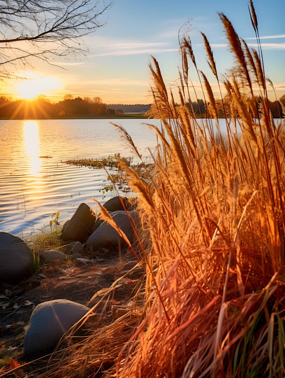秋日芦苇,湖水倒映落日光!