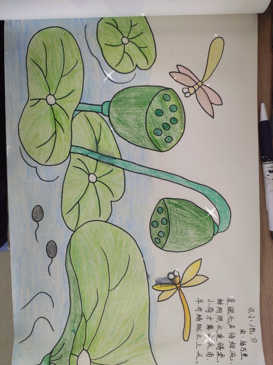 《小池》简笔画 池塘  蜻蜓  荷叶  蝌蚪  古诗 小荷才露尖尖角,早有