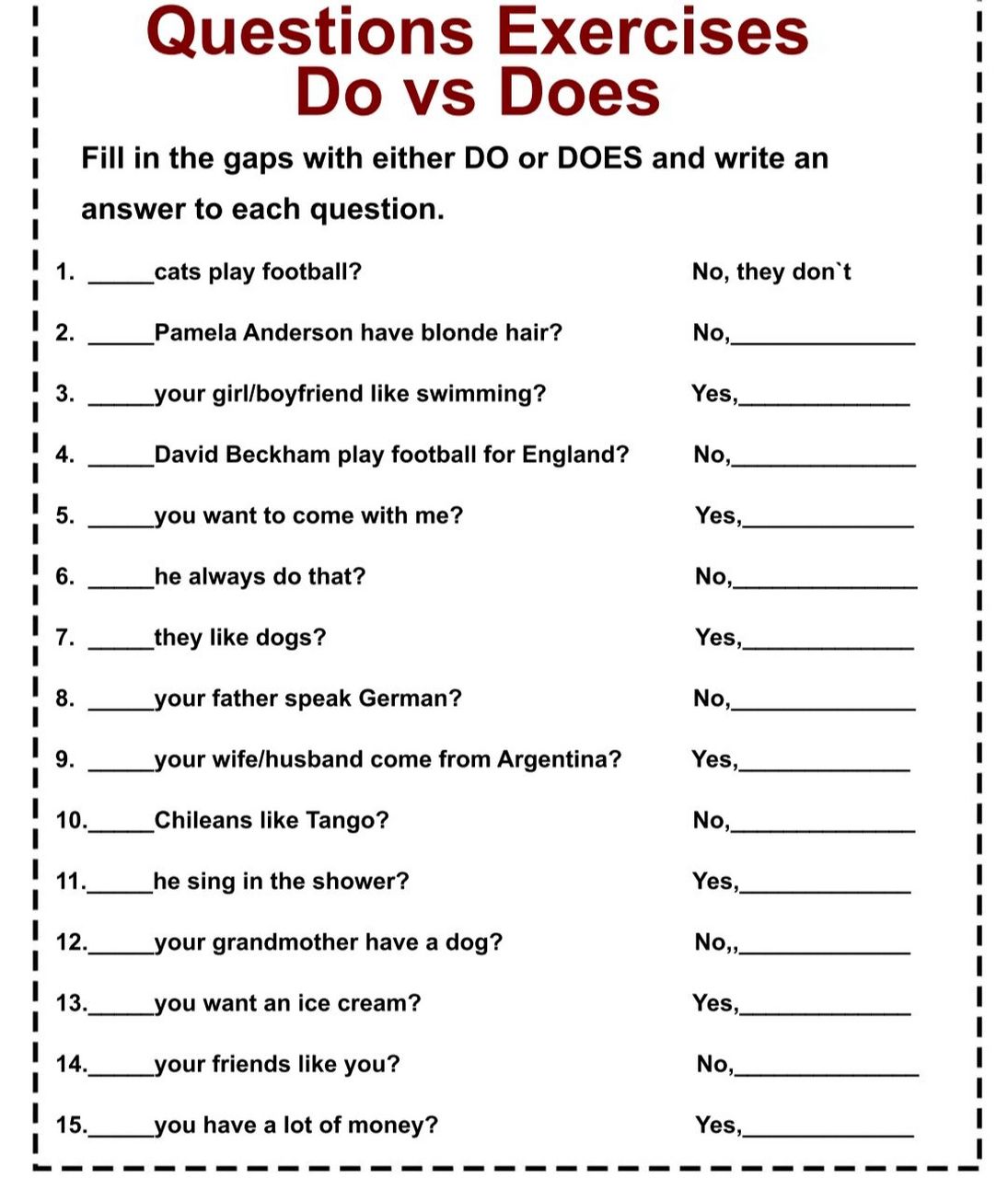 助动词do does did以及否定练习题